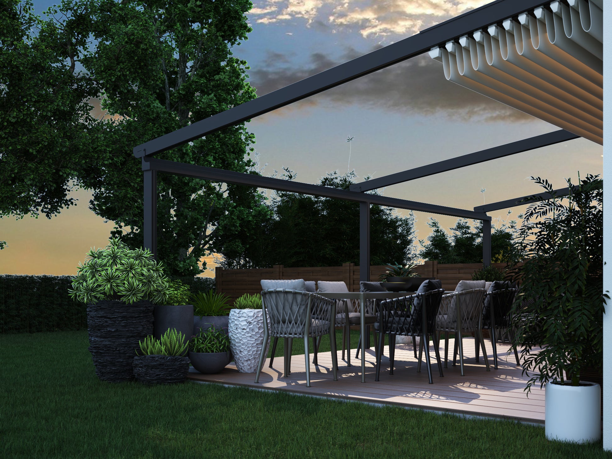 Libero veranda in anthracite with fabric roof closed in rain, terrace dry below