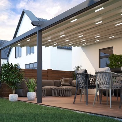 The Libero folding roof veranda in anthracite with fabric roof fully open to the sky