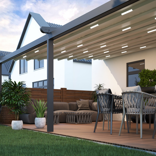 The Libero folding roof veranda in anthracite with fabric roof fully open to the sky