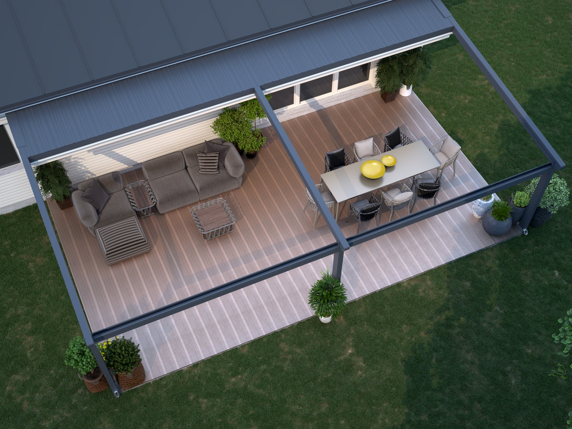 The Libero veranda in anthracite from inside looking up at the open fabric roof