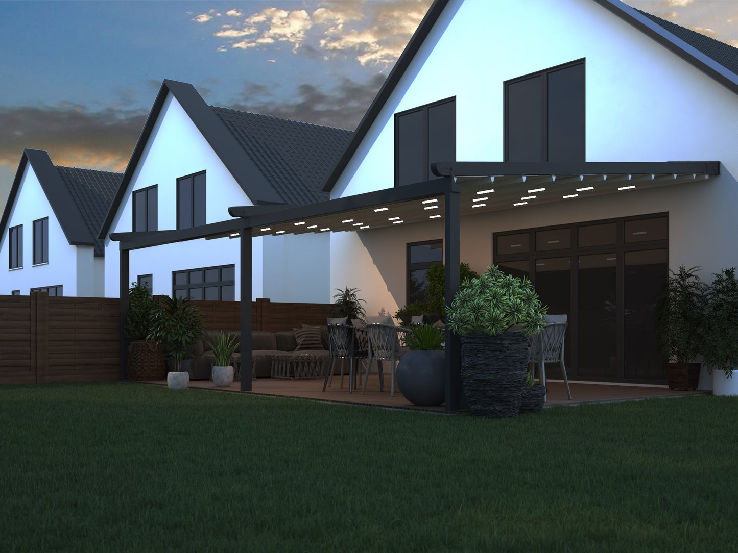 Libero veranda in anthracite at dusk with integrated LED lighting along the beam