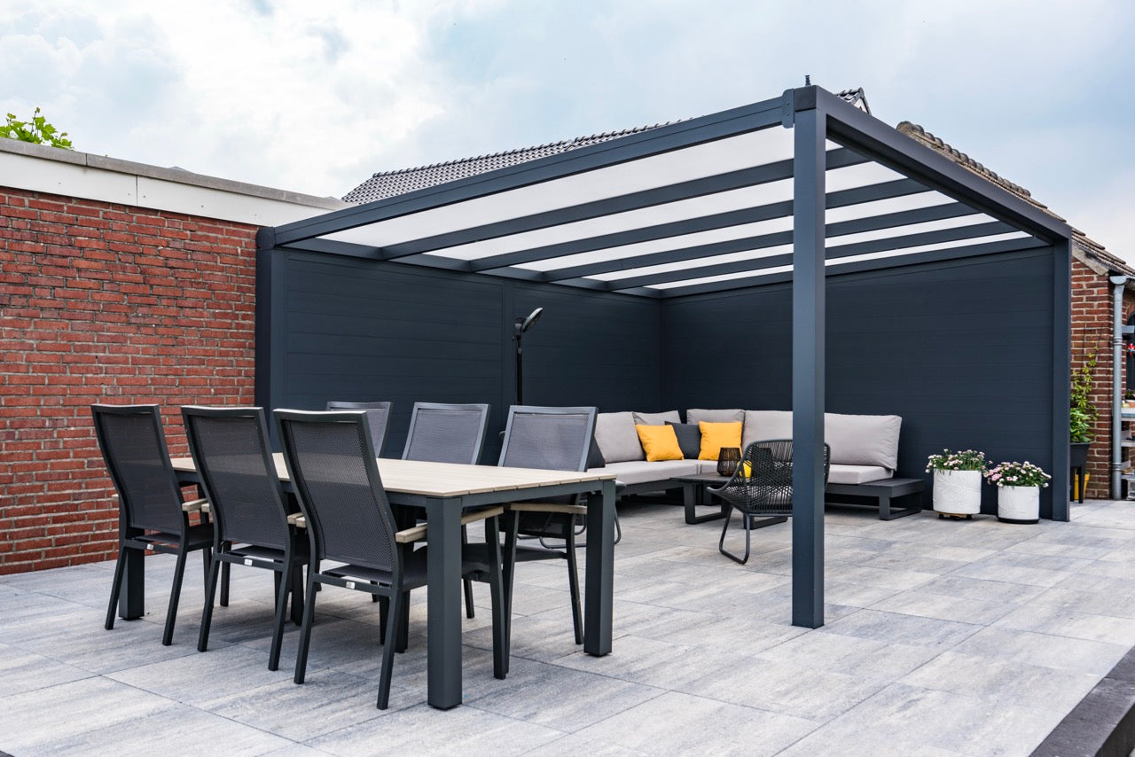 Cascina freestanding veranda in anthracite with round post and half-round gutter option