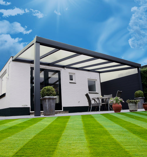 Luxa veranda in anthracite from inside looking out through polycarbonate roof