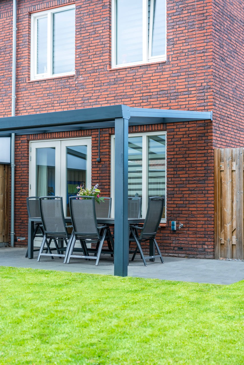 Luxa veranda in anthracite from garden showing full-width elevation