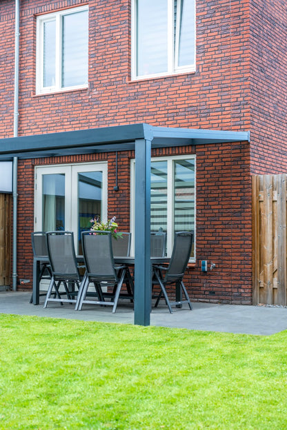Luxa veranda in anthracite from garden showing full-width elevation
