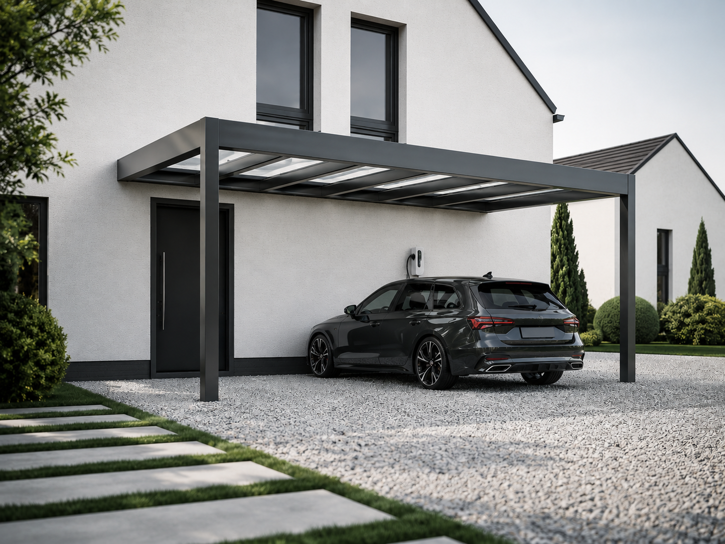 Rimessa wall-mounted carport in anthracite at golden hour, glass roof catching light