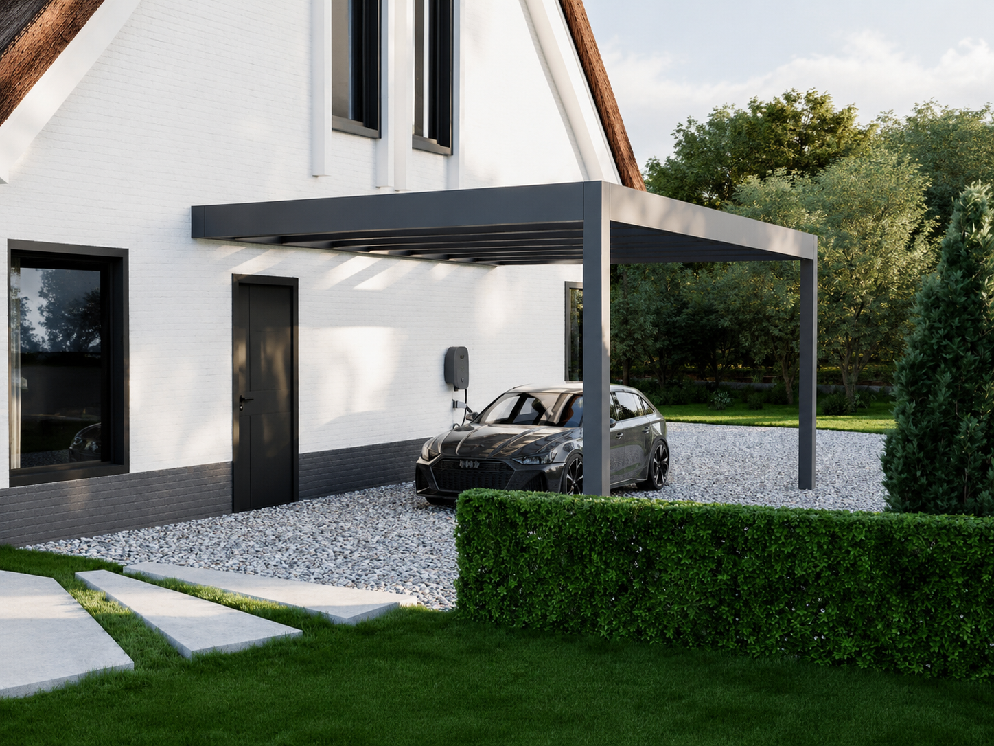 The Rimessa wall-mounted carport in anthracite on a rendered detached home