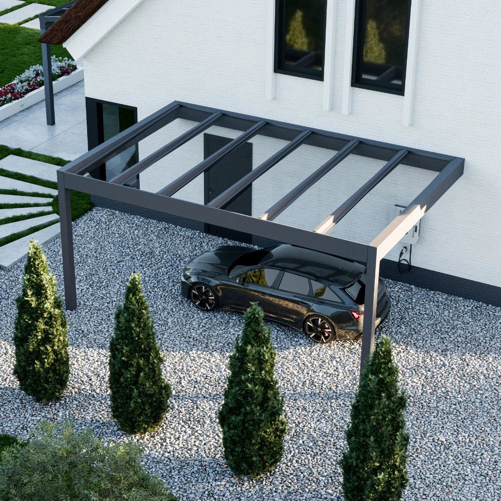 The Rimessa wall-mounted carport in anthracite from garden showing full span