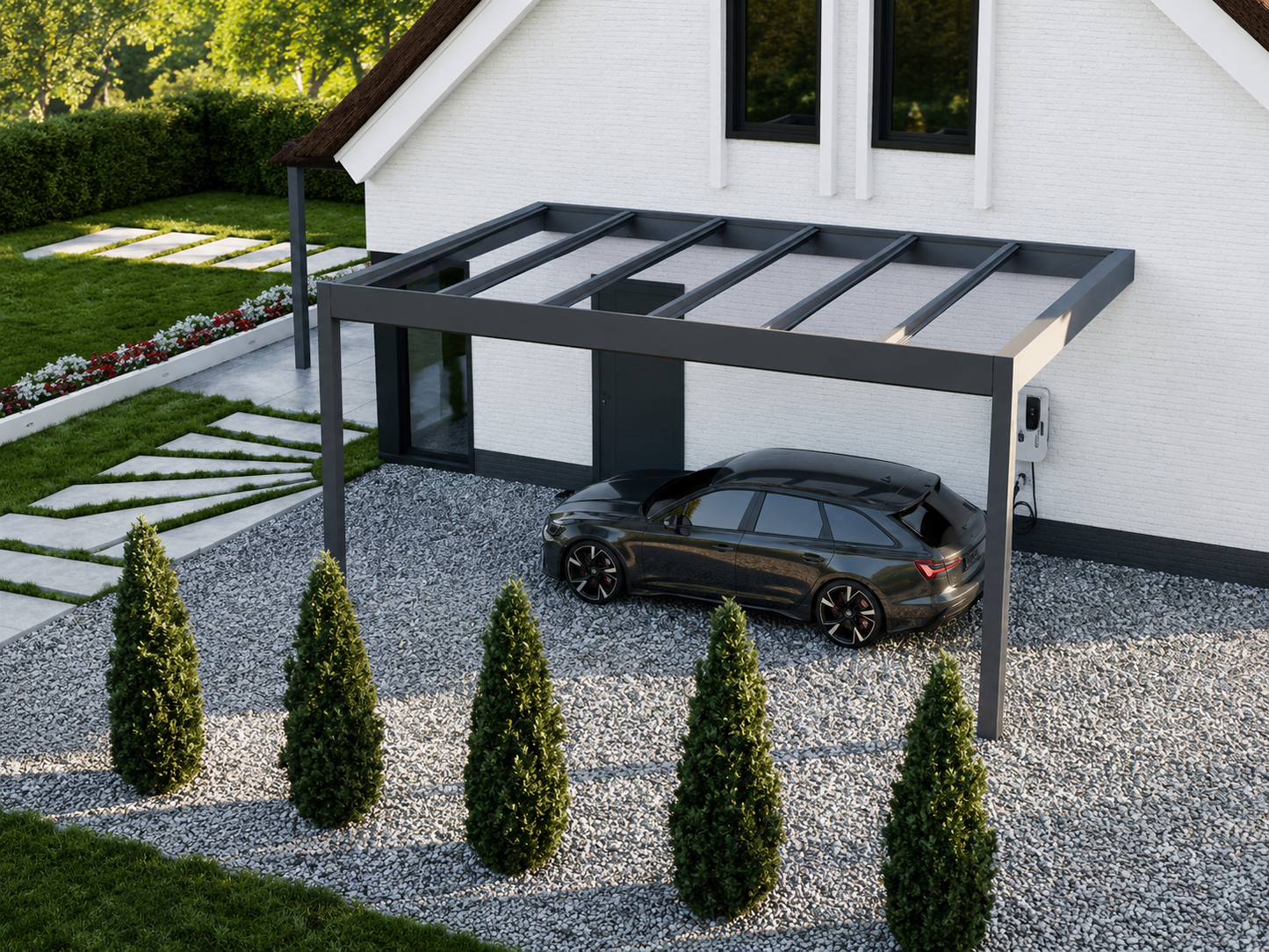 Rimessa wall-mounted carport in anthracite on a brick home, driveway below