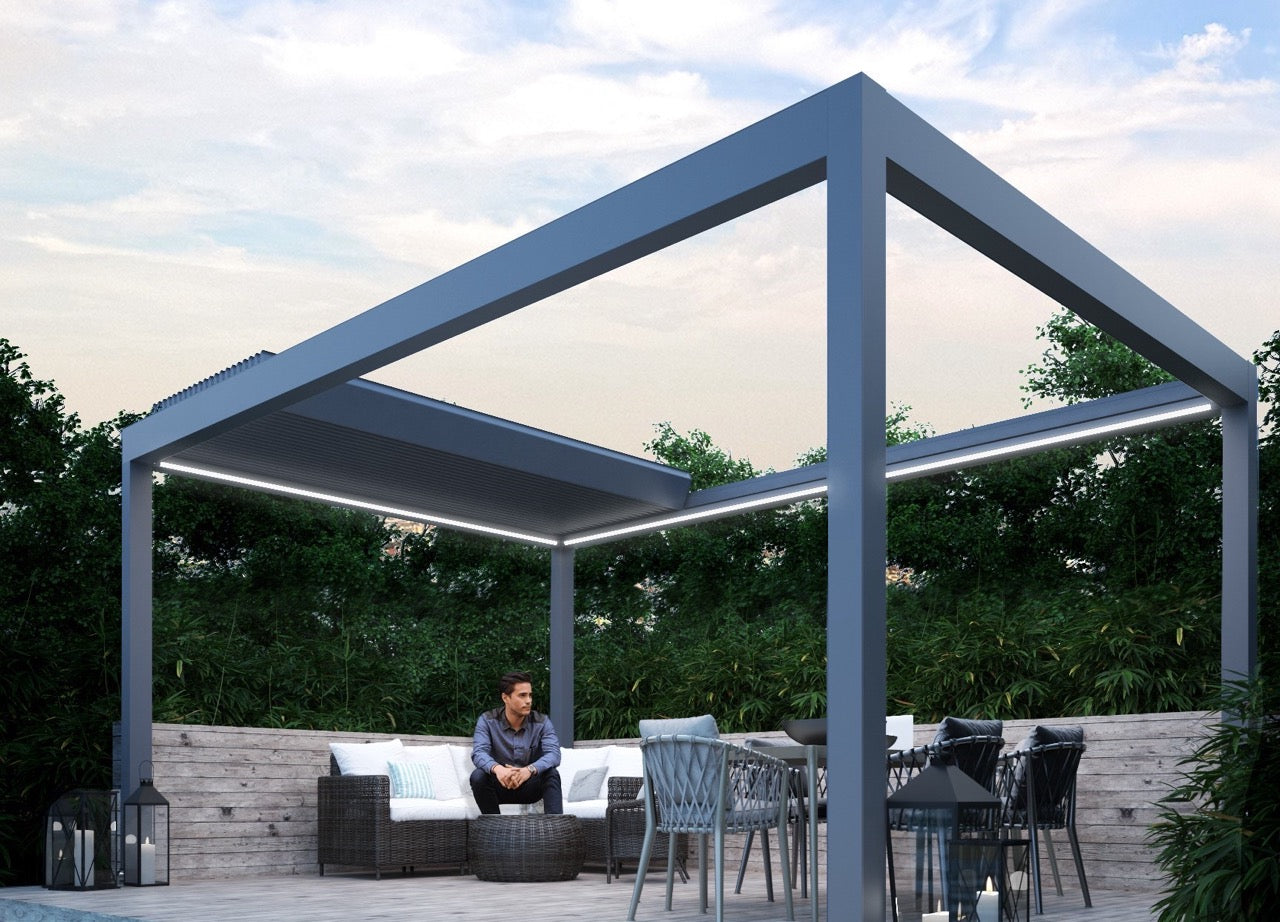 Aperto pergola in white from inside looking towards the garden, panels angled