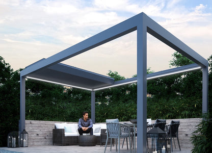 Aperto pergola in white from inside looking towards the garden, panels angled