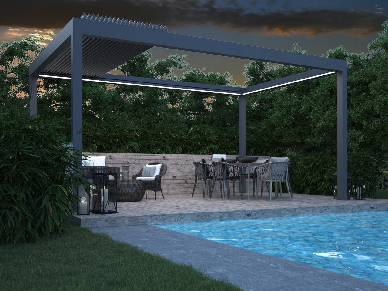 The Aperto pergola in black wall-mounted on a contemporary brick home exterior
