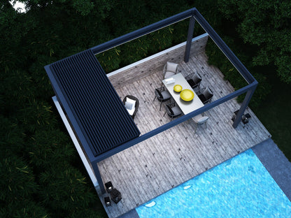 Aperto pergola in anthracite freestanding with outdoor dining set below, panels open
