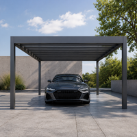The Rimessa carport in anthracite freestanding with vehicle below, garden perspective