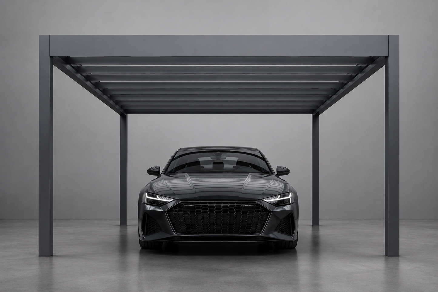 Rimessa carport in anthracite close-up showing integrated LED and concealed gutter