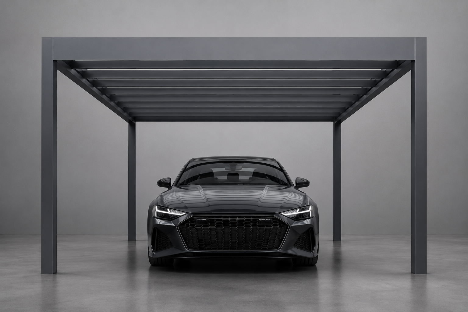Rimessa carport in anthracite close-up showing integrated LED and concealed gutter