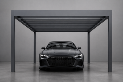Rimessa carport in anthracite close-up showing integrated LED and concealed gutter