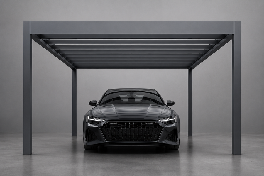 Rimessa carport in anthracite close-up showing integrated LED and concealed gutter