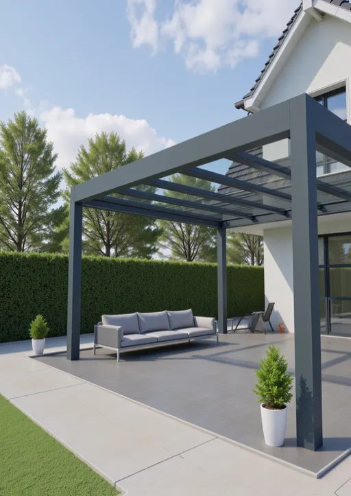 Cristallo pergola in anthracite from garden, full span visible on contemporary property