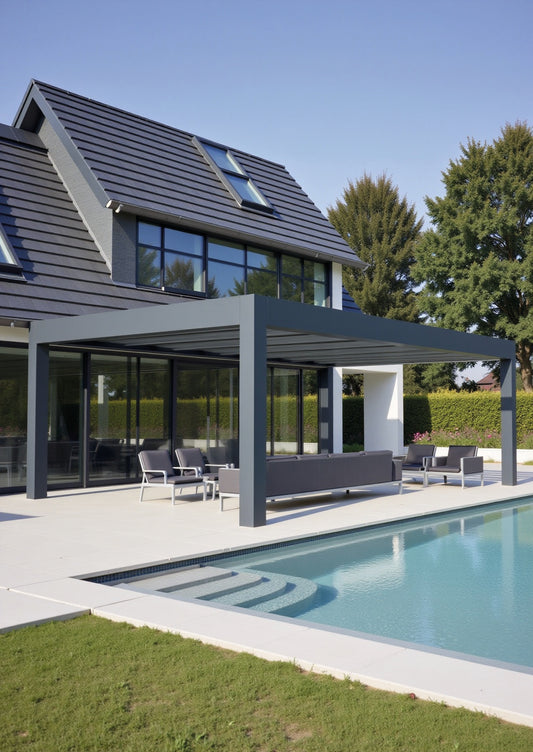 The Cristallo pergola in anthracite from inside showing reinforced glass panels above