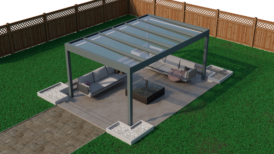 Cristallo pergola in anthracite from inside looking towards the garden through glass roof