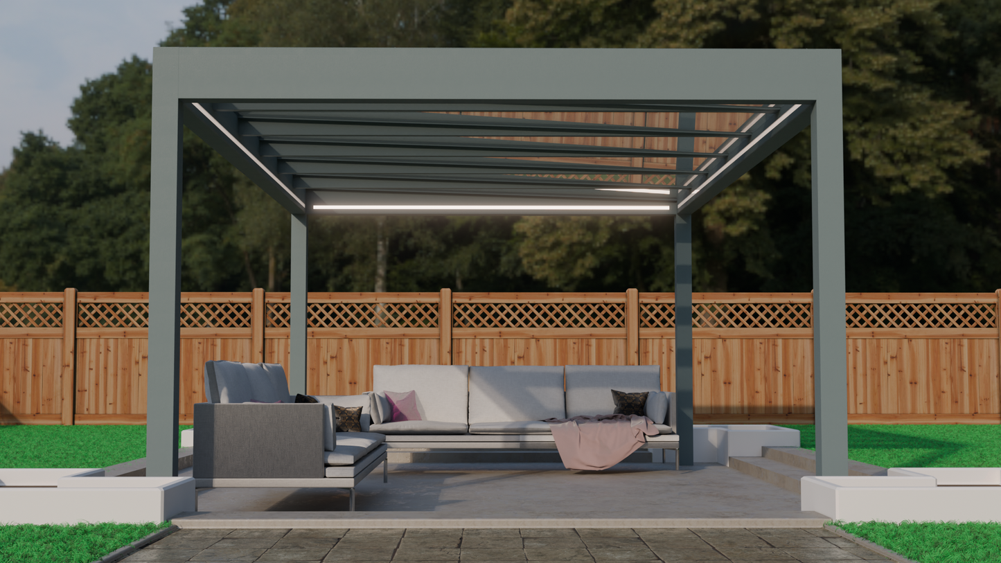 Cristallo pergola in anthracite spanning 7m on two posts, wide angle from garden
