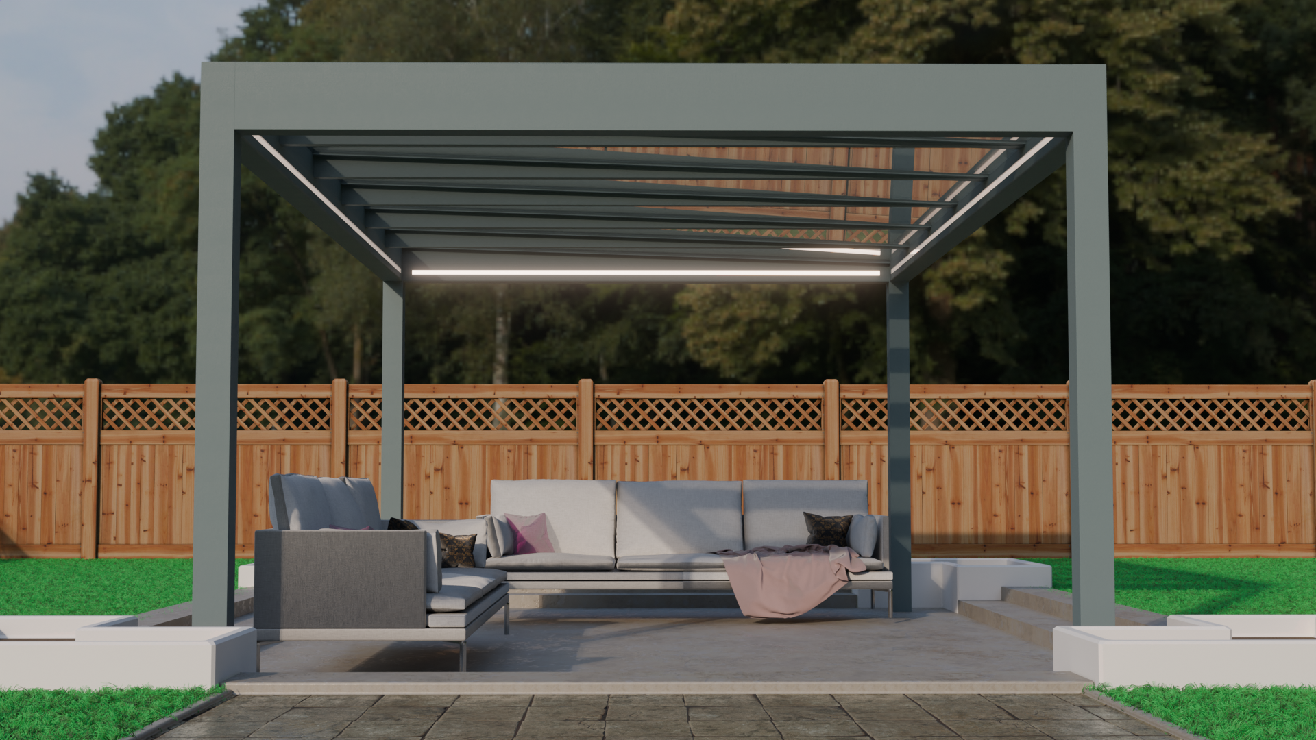 Cristallo pergola in anthracite spanning 7m on two posts, wide angle from garden