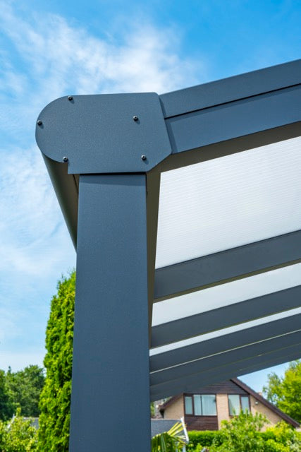 Cascina veranda in anthracite from the side showing projection and post spacing