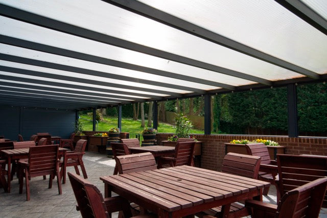 Wide Cascina veranda in anthracite on a large detached home rear aspect