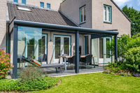 The Nobile veranda in anthracite from garden, showing reinforced gutter profile