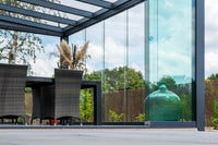 Nobile veranda in anthracite with polycarbonate roof, close-up of gutter and post