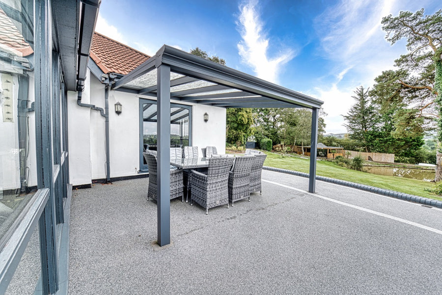 Nobile veranda in anthracite on a contemporary home, side angle view