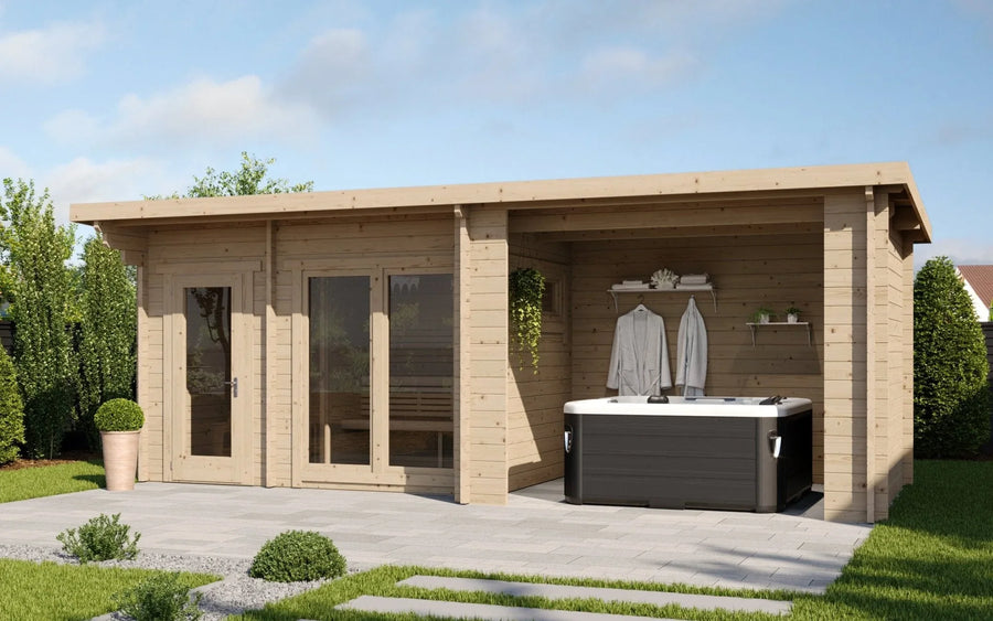 howe 260 deluxe 2 4 person outdoor sauna with canopy changing room product exterior view — view 4