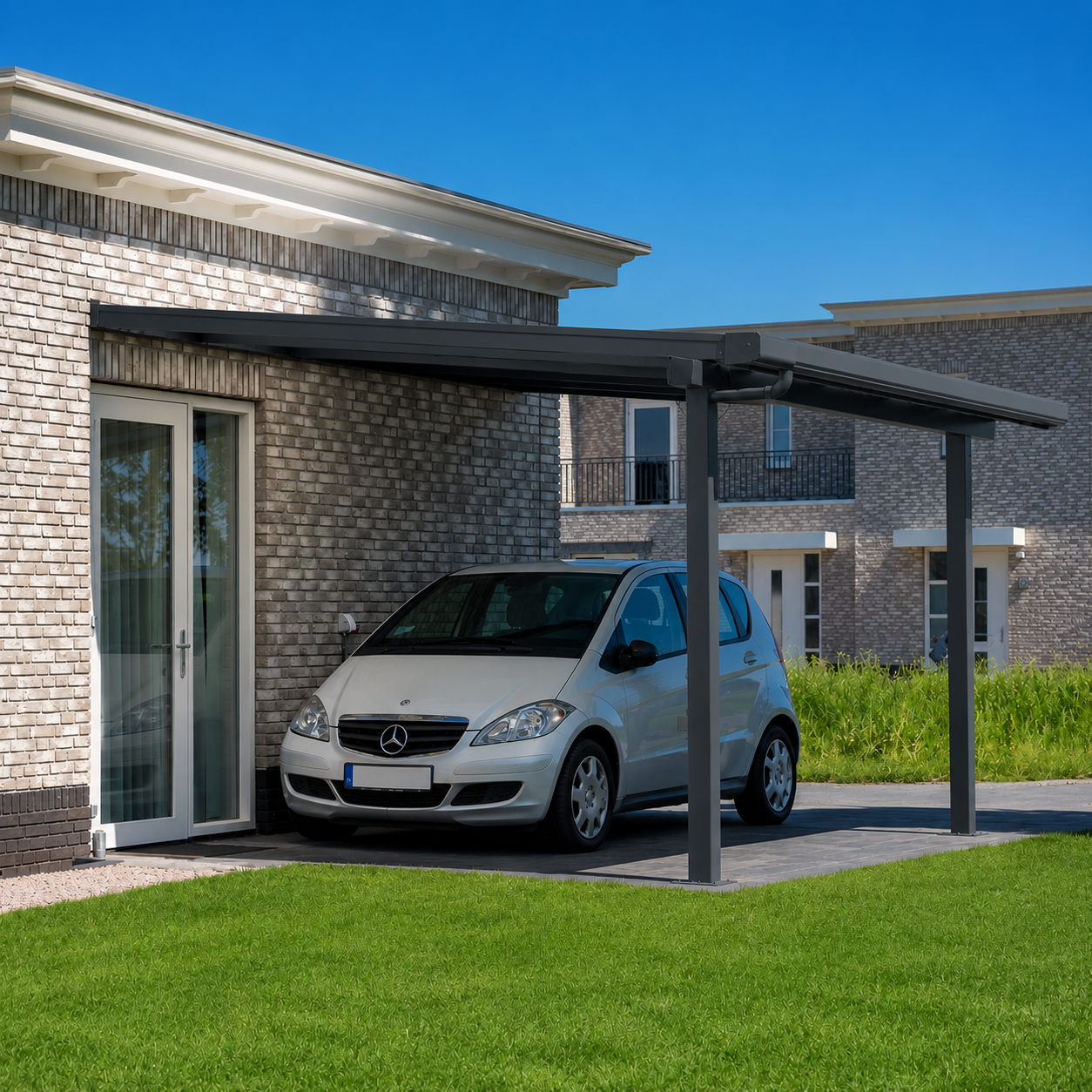 Stretto carport in anthracite on a brick property, front elevation view