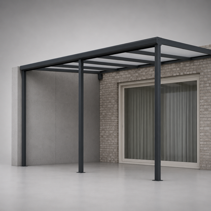 The Stretto carport in anthracite close-up of aluminium beam cover and gutter junction