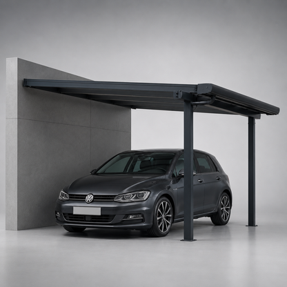 Stretto carport in anthracite from garden perspective showing post and roof detail