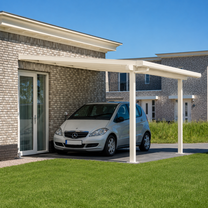 The Stretto carport in cream on a home, showing slim profile against the facade