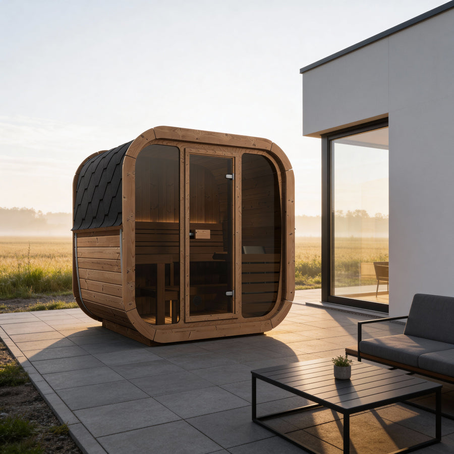 beacon 160 plus deluxe thermowood with glass front 4 person outdoor cube sauna product exterior view — view 3