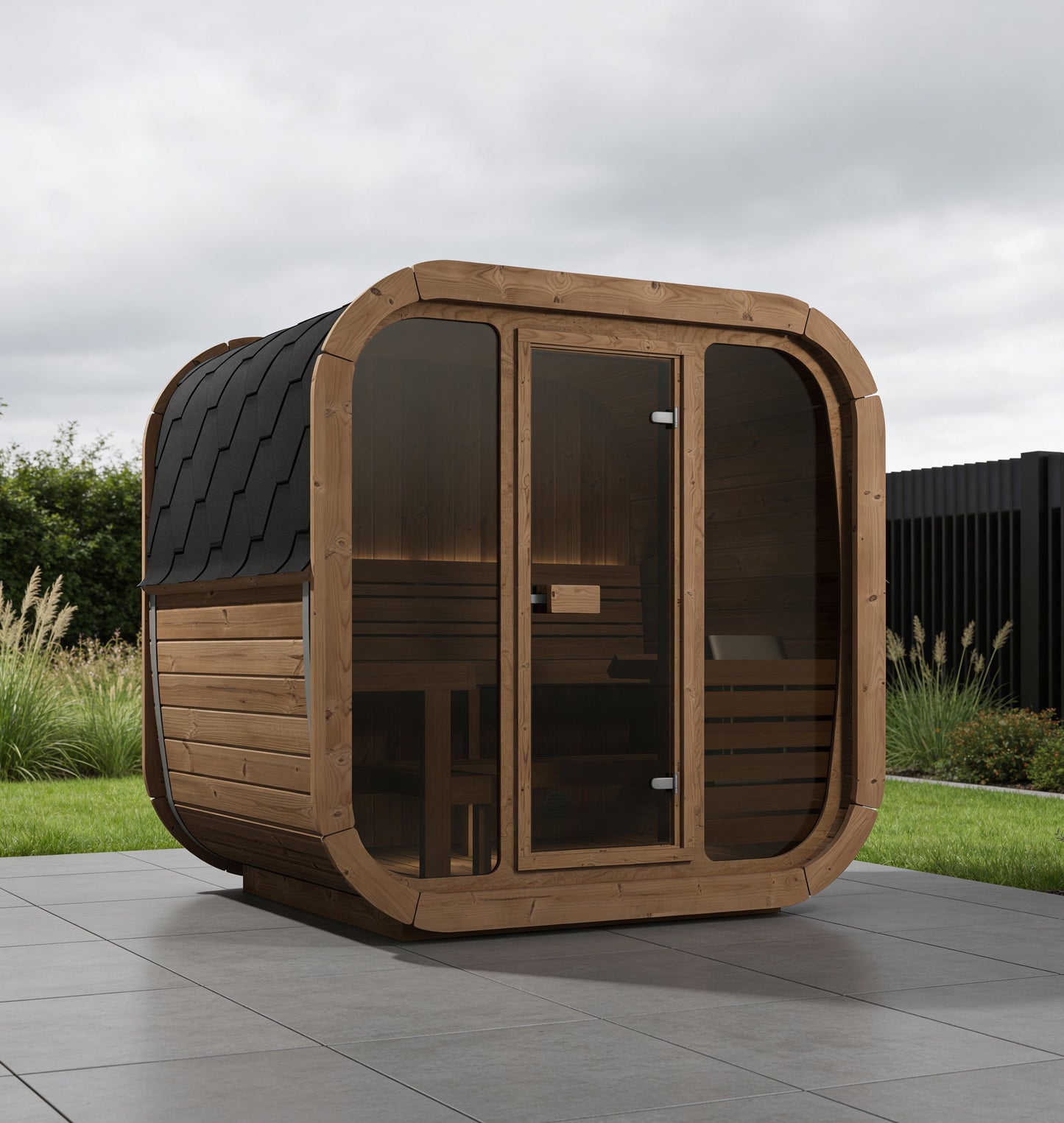 beacon 160 plus deluxe thermowood with glass front 4 person outdoor cube sauna product exterior view — view 7