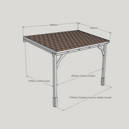 Wall Mounted Felt Shingle Roof Carport - Rustic Brown - 2m Depth x 2.9m Width