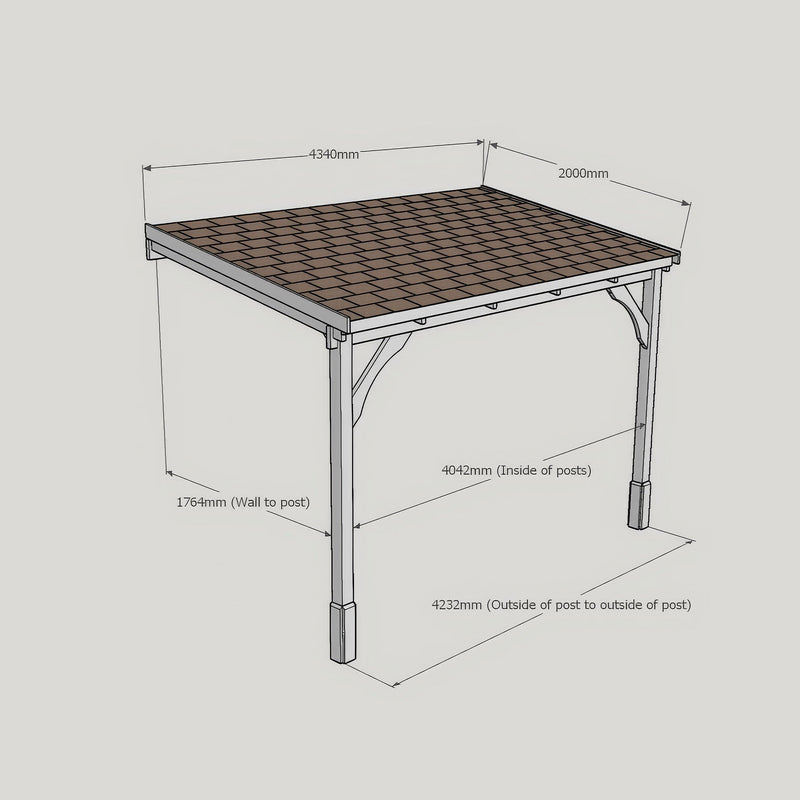 Wall Mounted Felt Shingle Roof Gazebo - Rustic Brown - 2m Depth x 4.34m Width