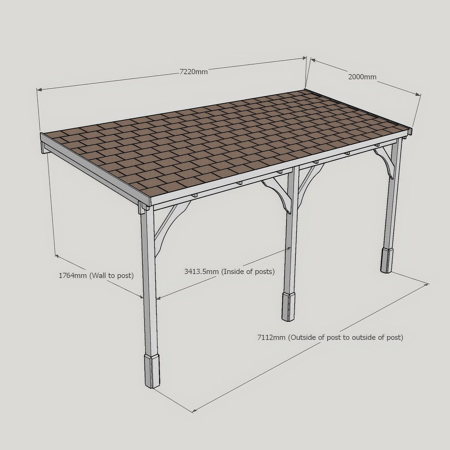 Wall Mounted Felt Shingle Roof Carport - Rustic Brown - 2m Depth x 7.22m Width