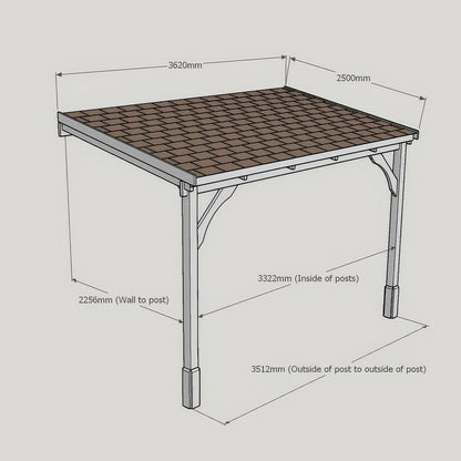 Wall Mounted Felt Shingle Roof Carport - Rustic Brown - 2.5m Depth x 3.62m Width