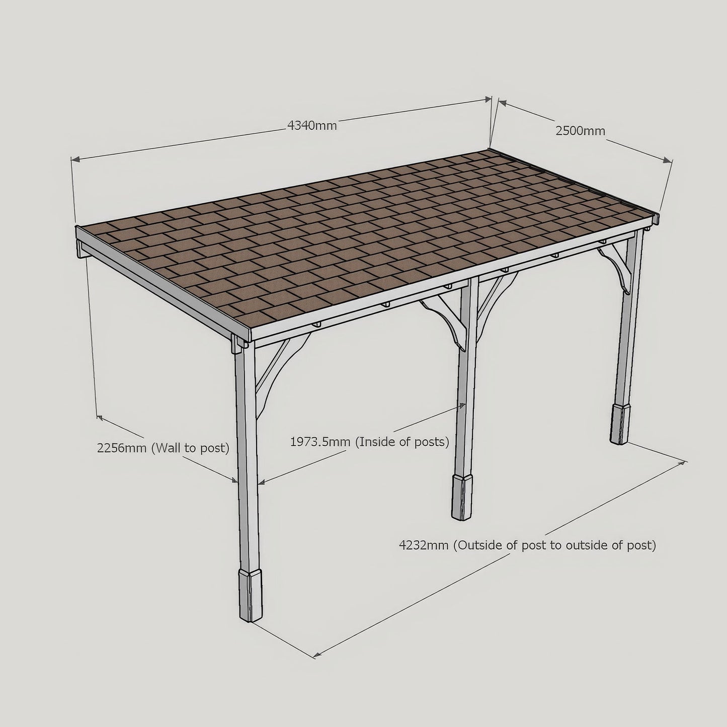 Wall Mounted Felt Shingle Roof Carport - Rustic Brown - 2.5m Depth x 4.34m Width