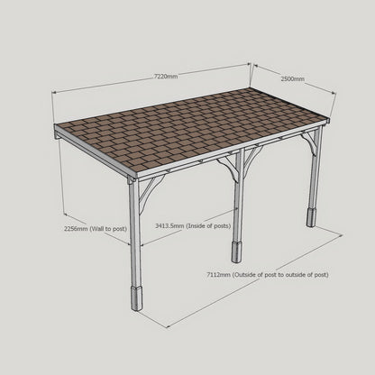 Wall Mounted Felt Shingle Roof Carport - Rustic Brown - 2.5m Depth x 7.22m Width
