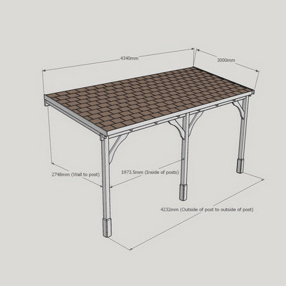 Wall Mounted Felt Shingle Roof Carport - Rustic Brown - 3m Depth x 4.34m Width