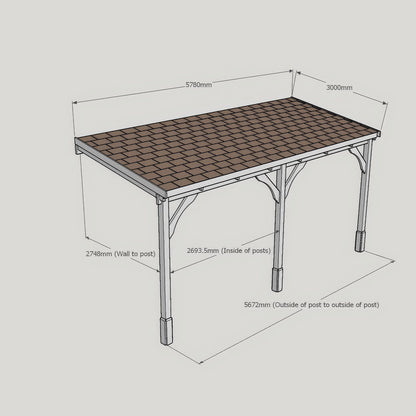 Wall Mounted Felt Shingle Roof Carport - Rustic Brown - 3m Depth x 5.78m Width