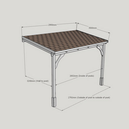 Wall Mounted Felt Shingle Roof Carport - Rustic Brown - 3.5m Depth x 2.9m Width