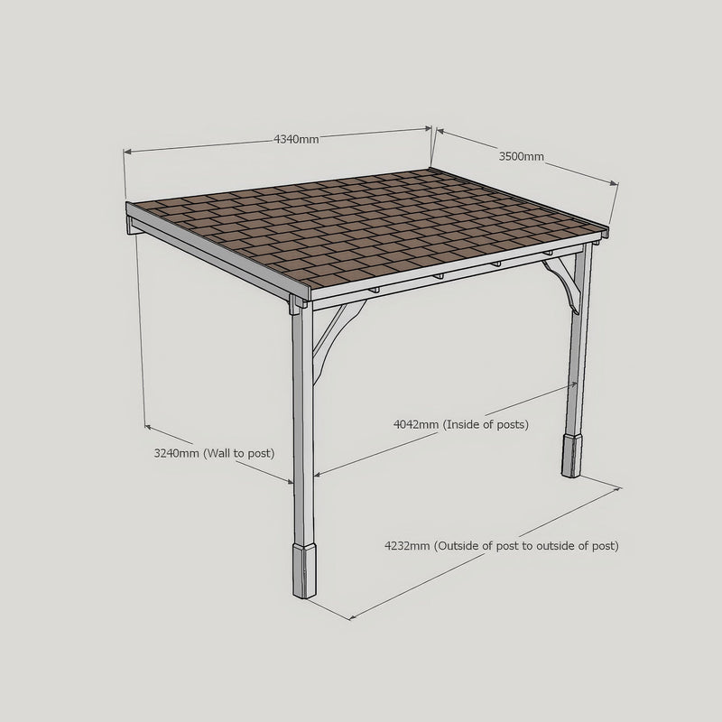 Wall Mounted Felt Shingle Roof Gazebo - Rustic Brown - 3.5m Depth x 4.34m Width