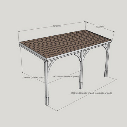 Wall Mounted Felt Shingle Roof Gazebo - Rustic Brown - 3.5m Depth x 4.34m Width